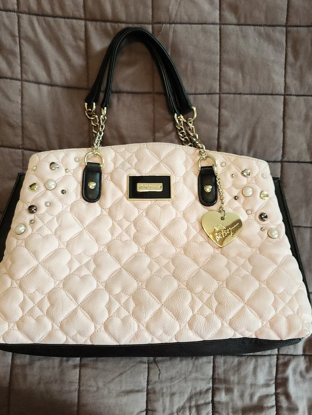 Betsey Johnson Pink Heart Quilted Tote/Bag Purse *READ* Missing Shoulder Strap